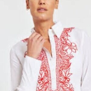 Dolce Cabo- NWt- white with red‎ embroidered shirt, button up 100% viscose-